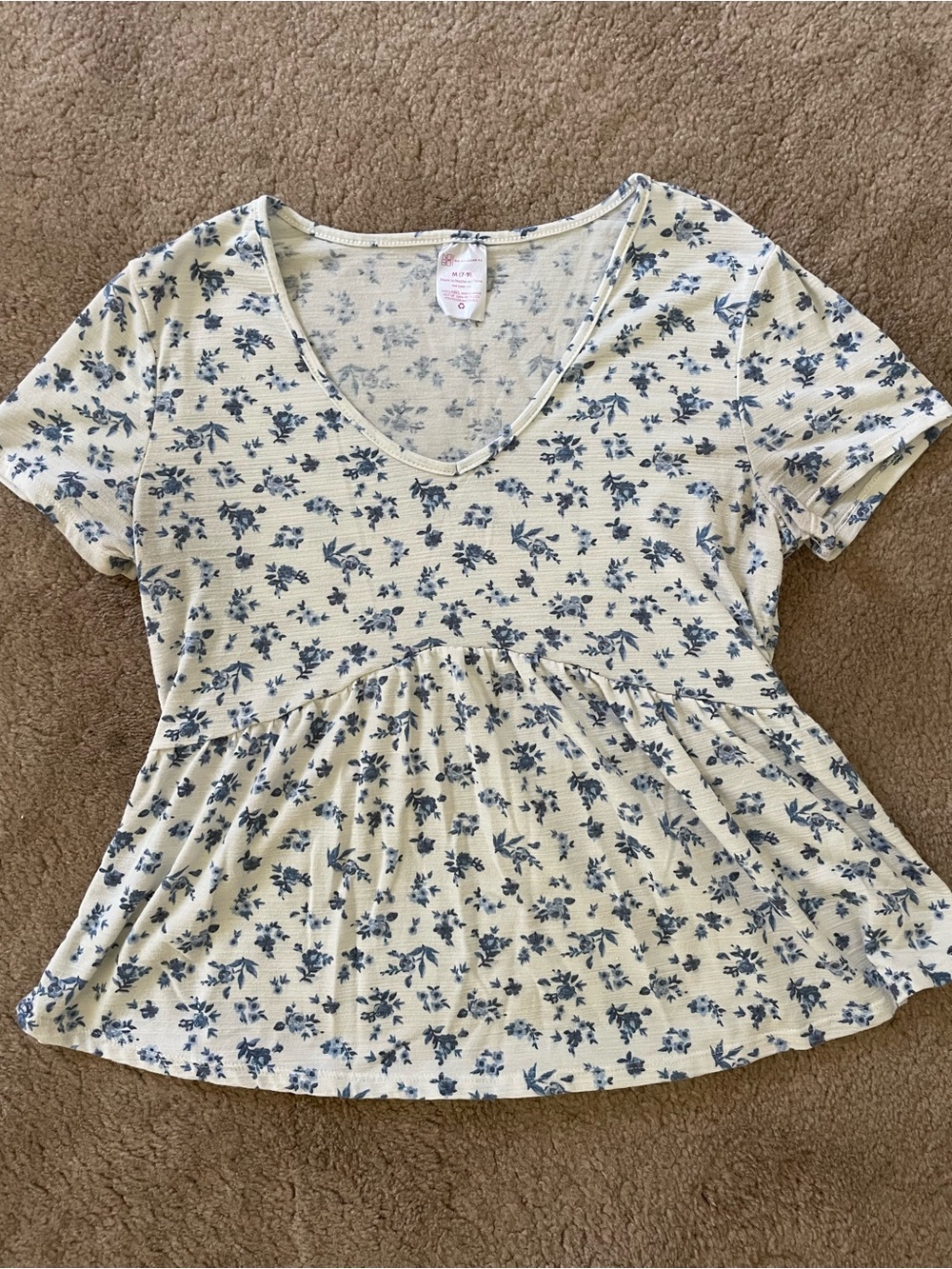 No Boundaries White Peplum Top with Blue Floral Print